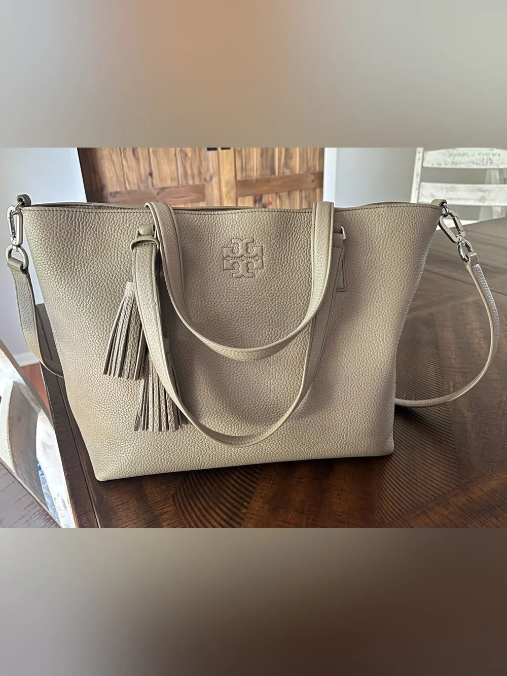Tory Burch Thea Tote Pebble Leather Hobo Bag Taupe French Grey Tan Large